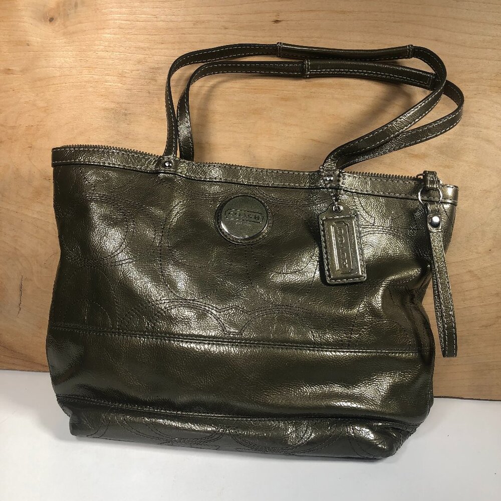 Coach Patent Leather Stitched C Tote Purse Shoulder Bag Green F15142 Vintage